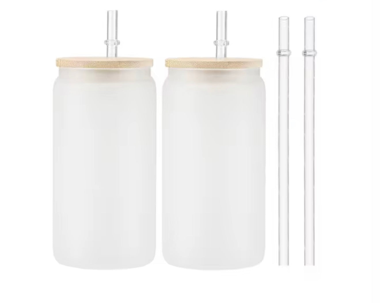 Frosted Glass Can Cup with Bamboo Lid & Glass Straw – Set of 2