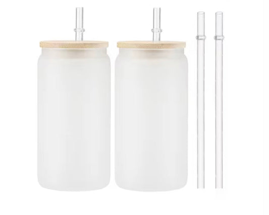 Frosted Glass Can Cup with Bamboo Lid & Glass Straw – Set of 2
